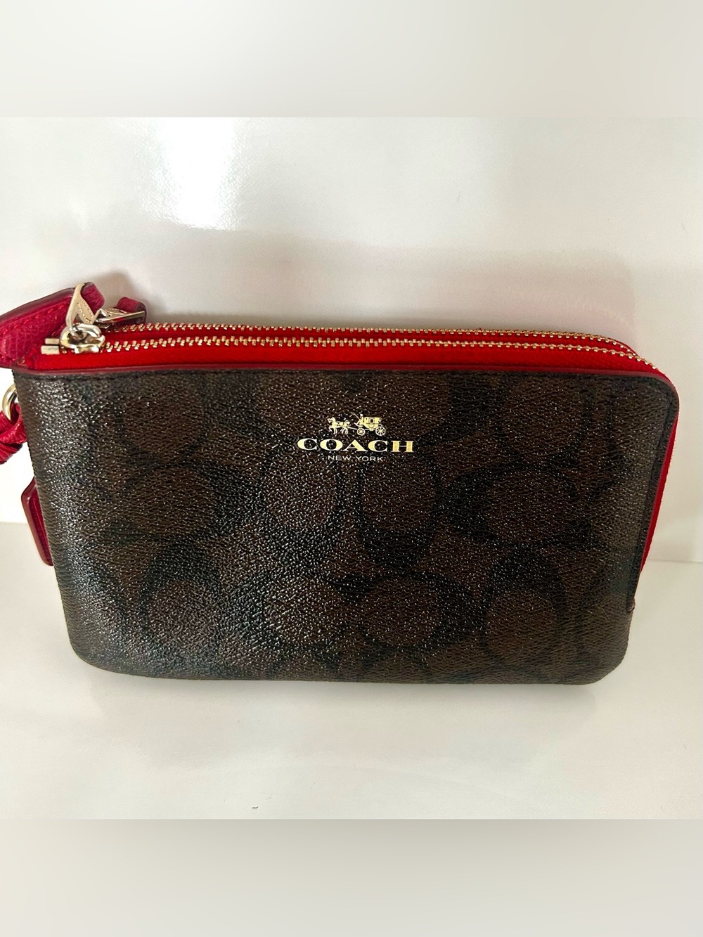 Coach Signature Leather Casual Double Zip Wristlet in Brown & Red, Like New